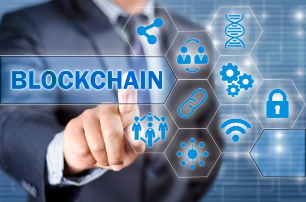 Businessman choosing blockchain technology illustrated with icons