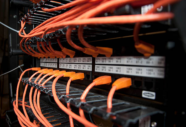Network cables connected to patch-panel in data center